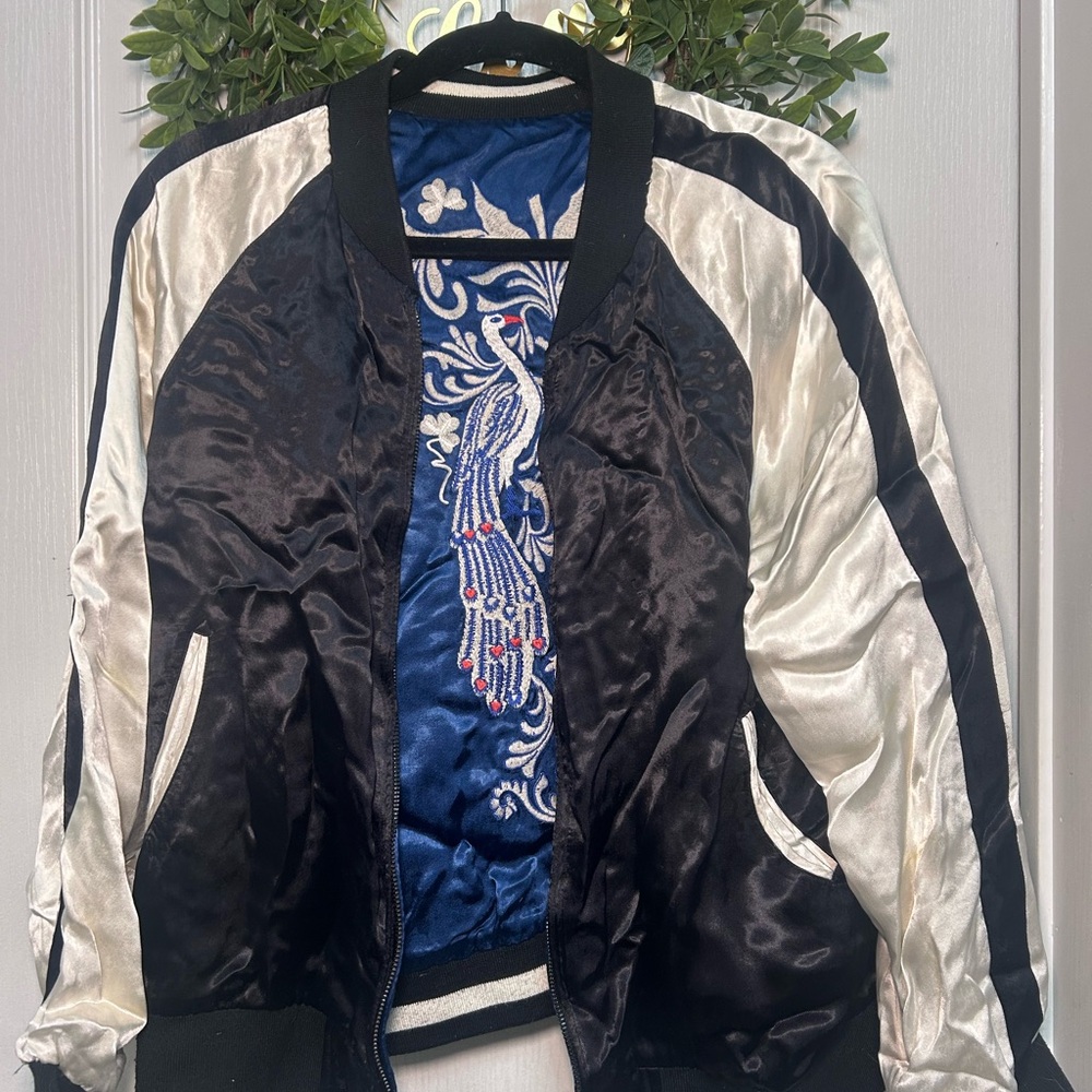 Zara Black and White Satin Bomber Jacket with Embroidered Lining